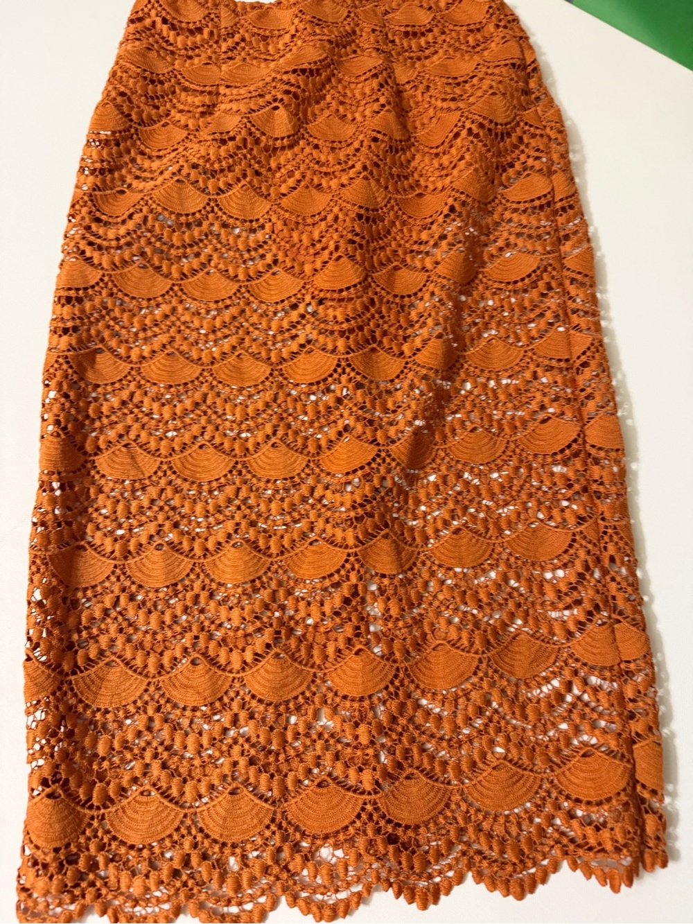 L'ATISTE Orange Crochet Midi Skirt with Scallop Detail